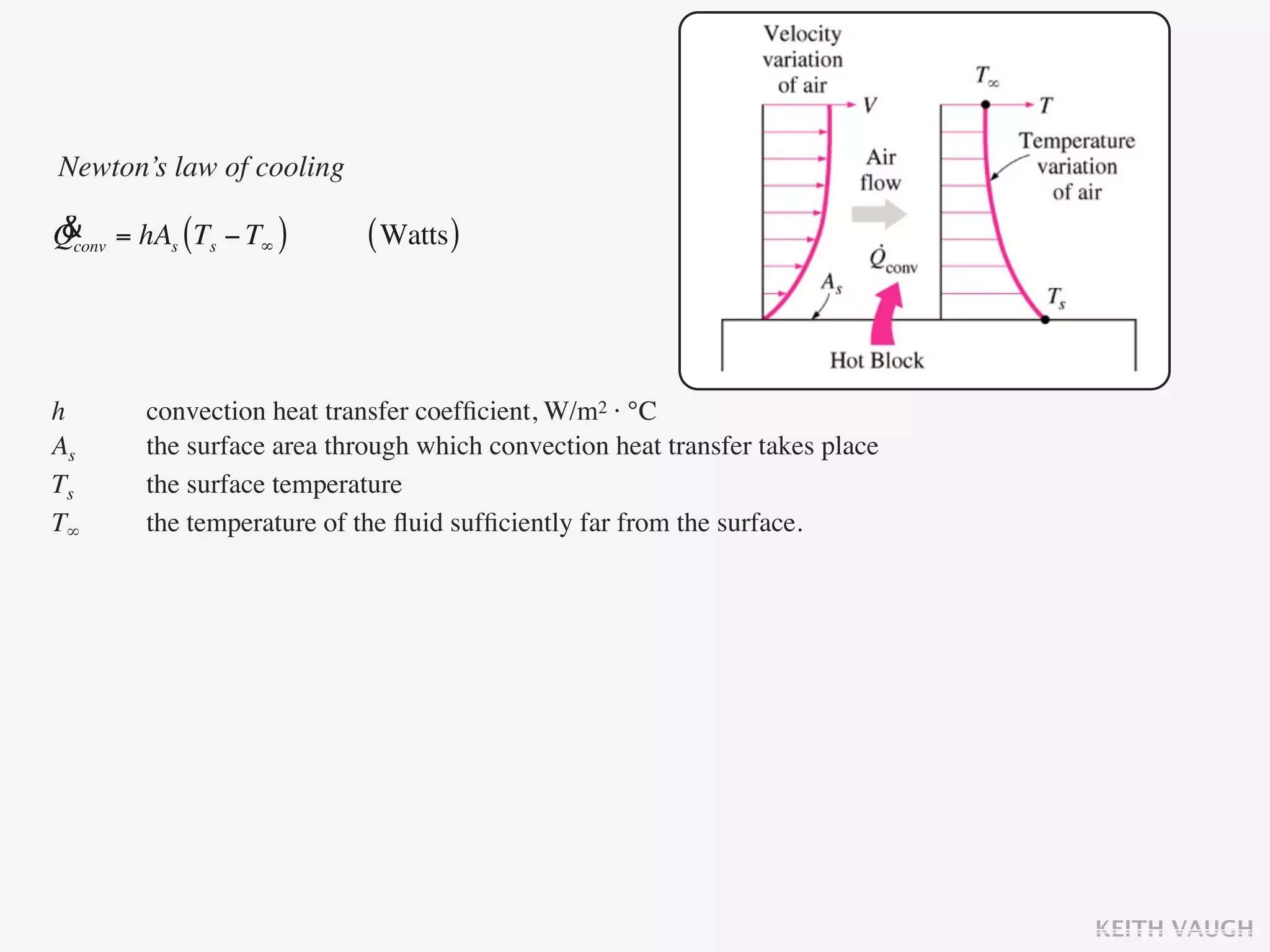 Newton’s law of cooling

&
Qconv = hAs (Ts − T∞ )       ( Watts )



h	

     convection heat transfer coefﬁcient, W/m2 · °C
As 	

   the surface area through which convection heat transfer takes place
Ts 	

   the surface temperature
T∞ 	

   the temperature of the ﬂuid sufﬁciently far from the surface.




                                                                               KEITH VAUGH
 