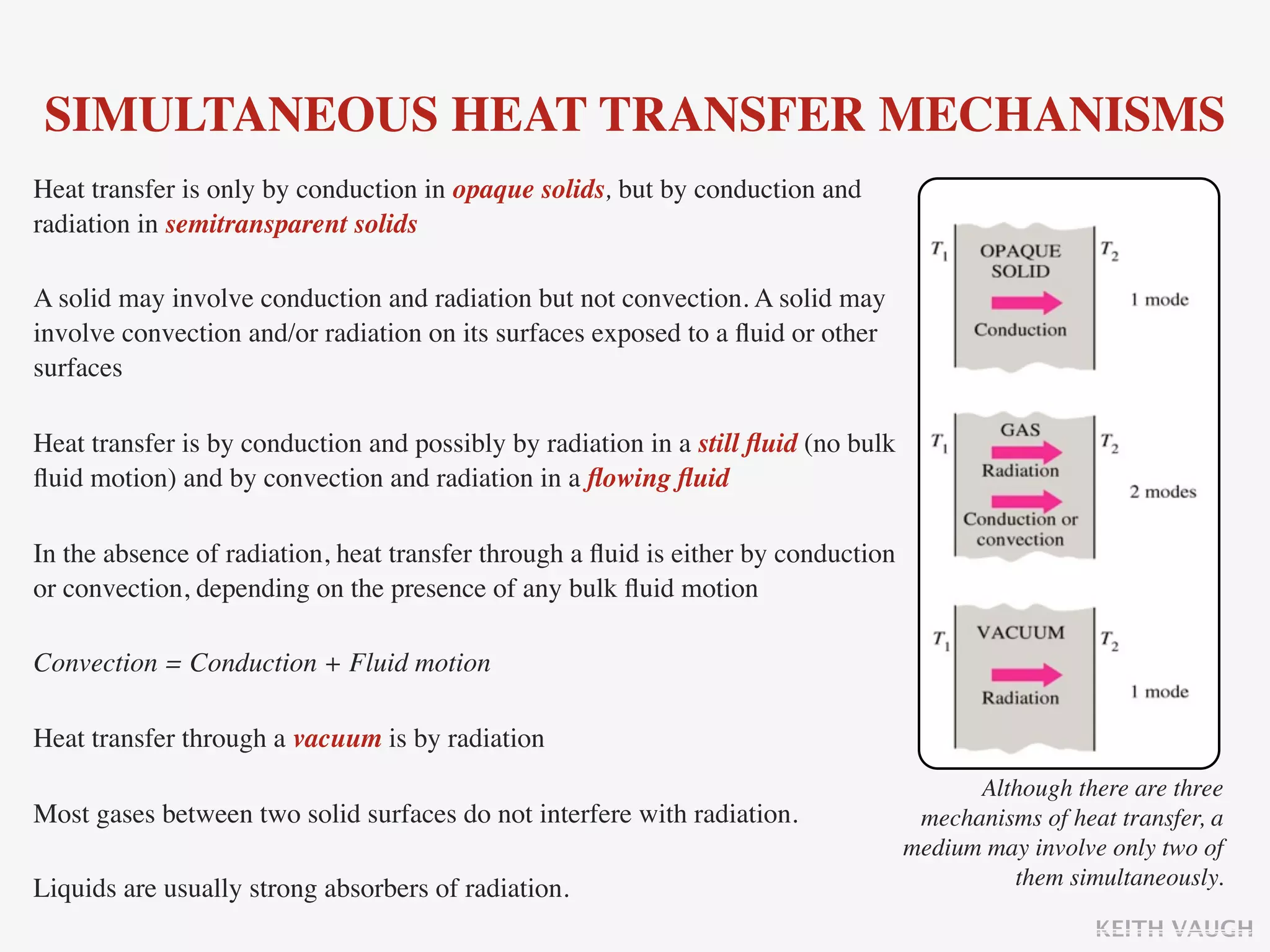 SIMULTANEOUS HEAT TRANSFER MECHANISMS
Heat transfer is only by conduction in opaque solids, but by conduction and
radiation in semitransparent solids

A solid may involve conduction and radiation but not convection. A solid may
involve convection and/or radiation on its surfaces exposed to a ﬂuid or other
surfaces

Heat transfer is by conduction and possibly by radiation in a still ﬂuid (no bulk
ﬂuid motion) and by convection and radiation in a ﬂowing ﬂuid

In the absence of radiation, heat transfer through a ﬂuid is either by conduction
or convection, depending on the presence of any bulk ﬂuid motion

Convection = Conduction + Fluid motion

Heat transfer through a vacuum is by radiation
                                                                                          Although there are three
Most gases between two solid surfaces do not interfere with radiation.               mechanisms of heat transfer, a
                                                                                    medium may involve only two of
Liquids are usually strong absorbers of radiation.                                           them simultaneously.

                                                                                                      KEITH VAUGH
 