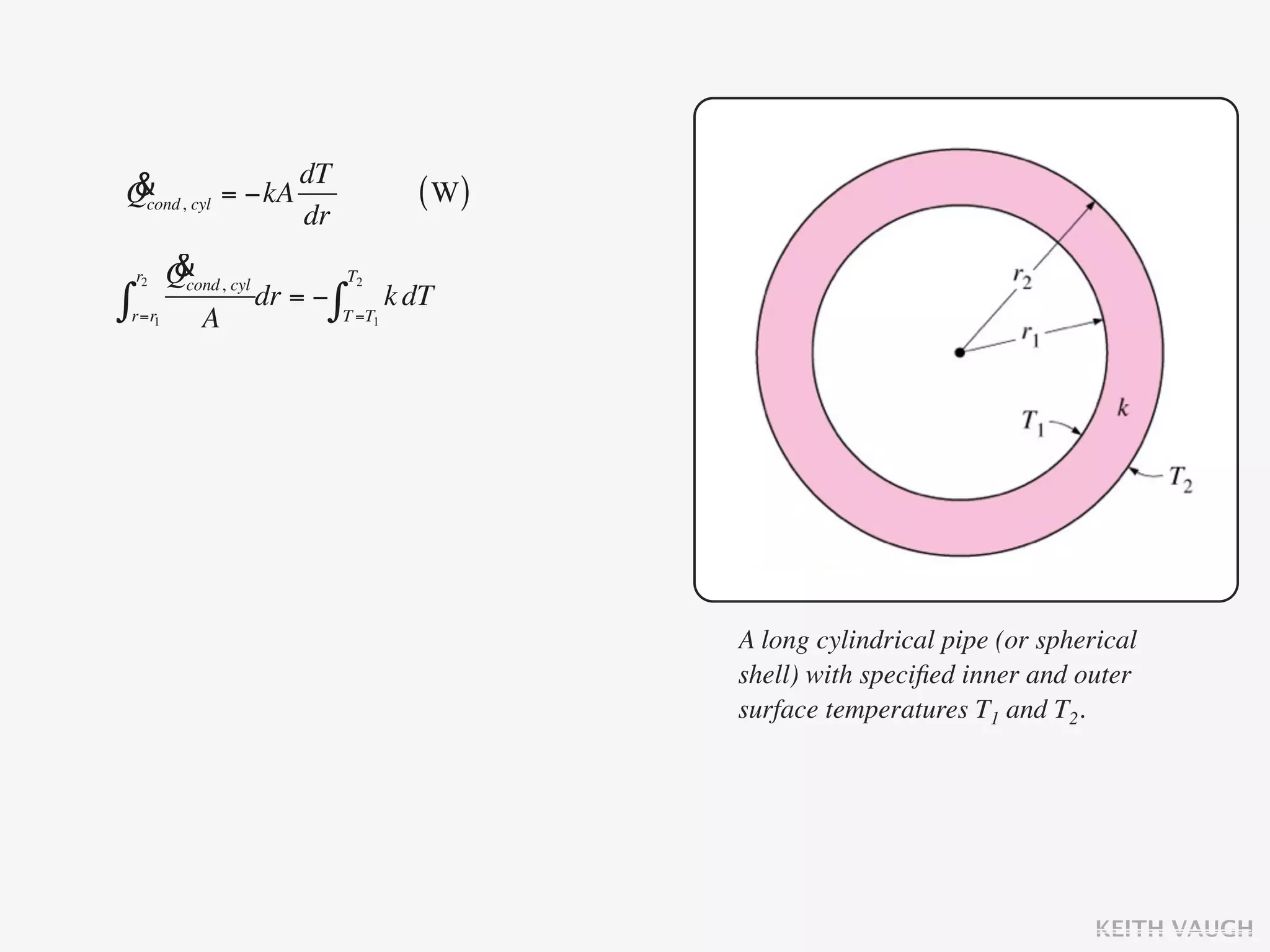 & cyl = −kA dT
Qcond,                  ( W)
            dr
 r2  &
     Qcond, cyl T2
∫r=r1 A dr = − ∫T =T1 k dT




                               A long cylindrical pipe (or spherical
                               shell) with speciﬁed inner and outer
                               surface temperatures T1 and T2.




                                                                KEITH VAUGH
 