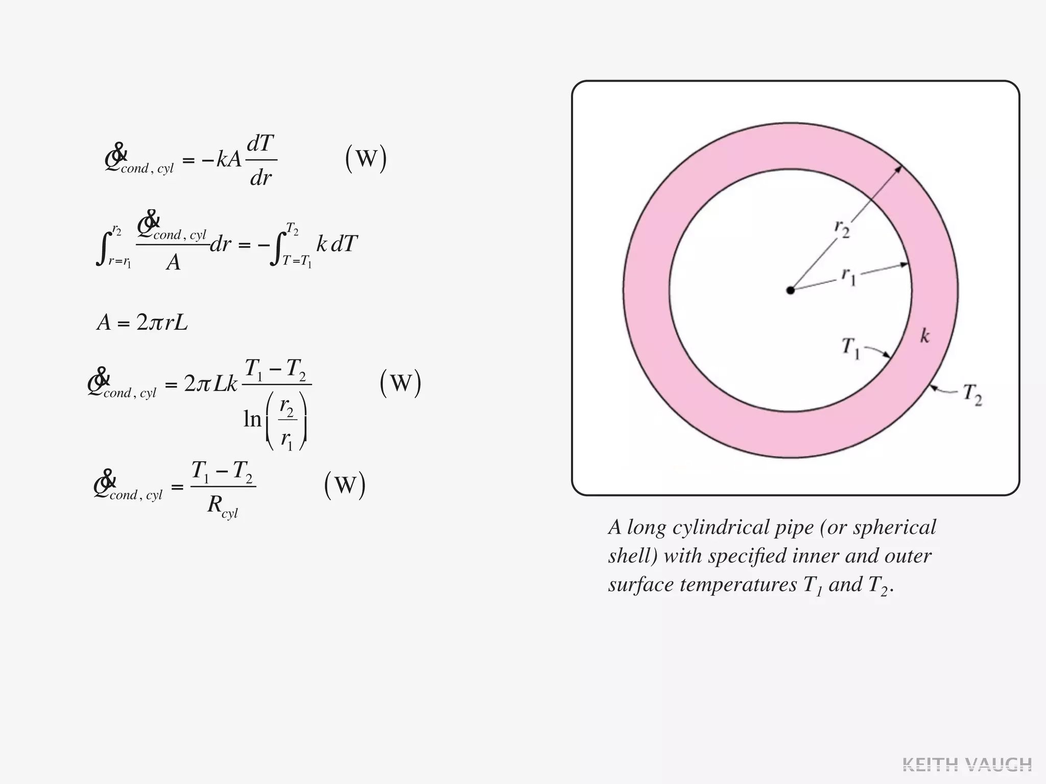 & cyl = −kA dT
  Qcond,                        ( W)
              dr
   r2 &
      Qcond, cyl T2
 ∫r=r1 A dr = − ∫T =T1 k dT
 A = 2π rL

& cyl = 2π Lk T1 − T2
Qcond,                               ( W)
                   ⎛ r2 ⎞
                ln ⎜ ⎟
                   ⎝ r1 ⎠
 & cyl = T1 − T2
Qcond,                        ( W)
           Rcyl
                                            A long cylindrical pipe (or spherical
                                            shell) with speciﬁed inner and outer
                                            surface temperatures T1 and T2.




                                                                             KEITH VAUGH
 