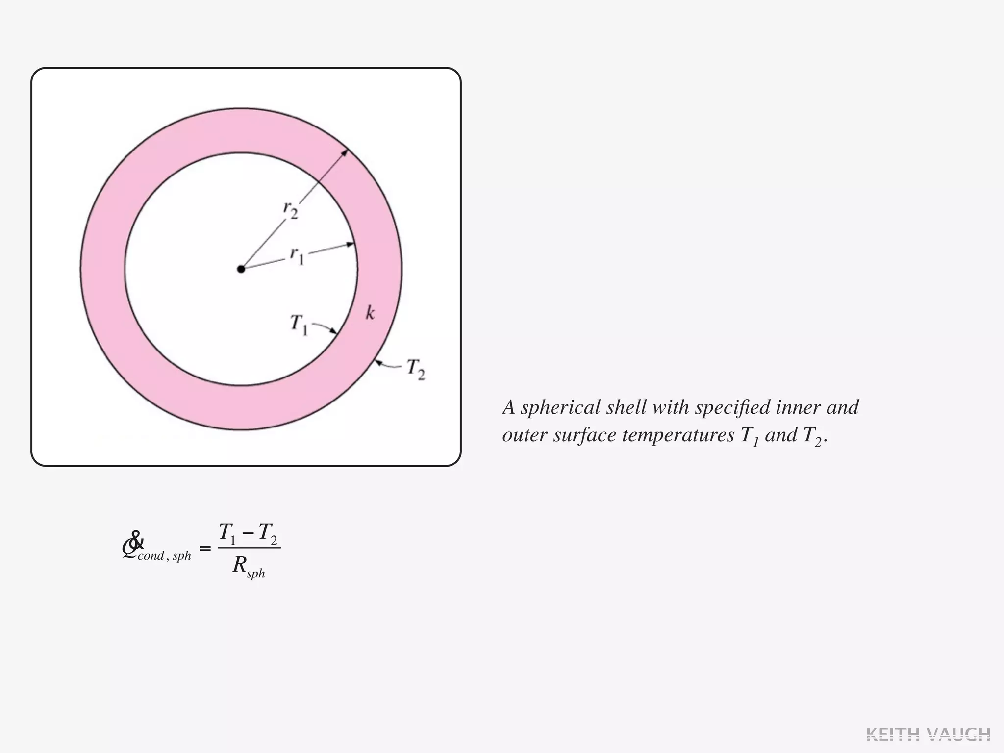 A spherical shell with speciﬁed inner and
                  outer surface temperatures T1 and T2.



& sph = T1 − T2
Qcond,
         Rsph




                                                              KEITH VAUGH
 