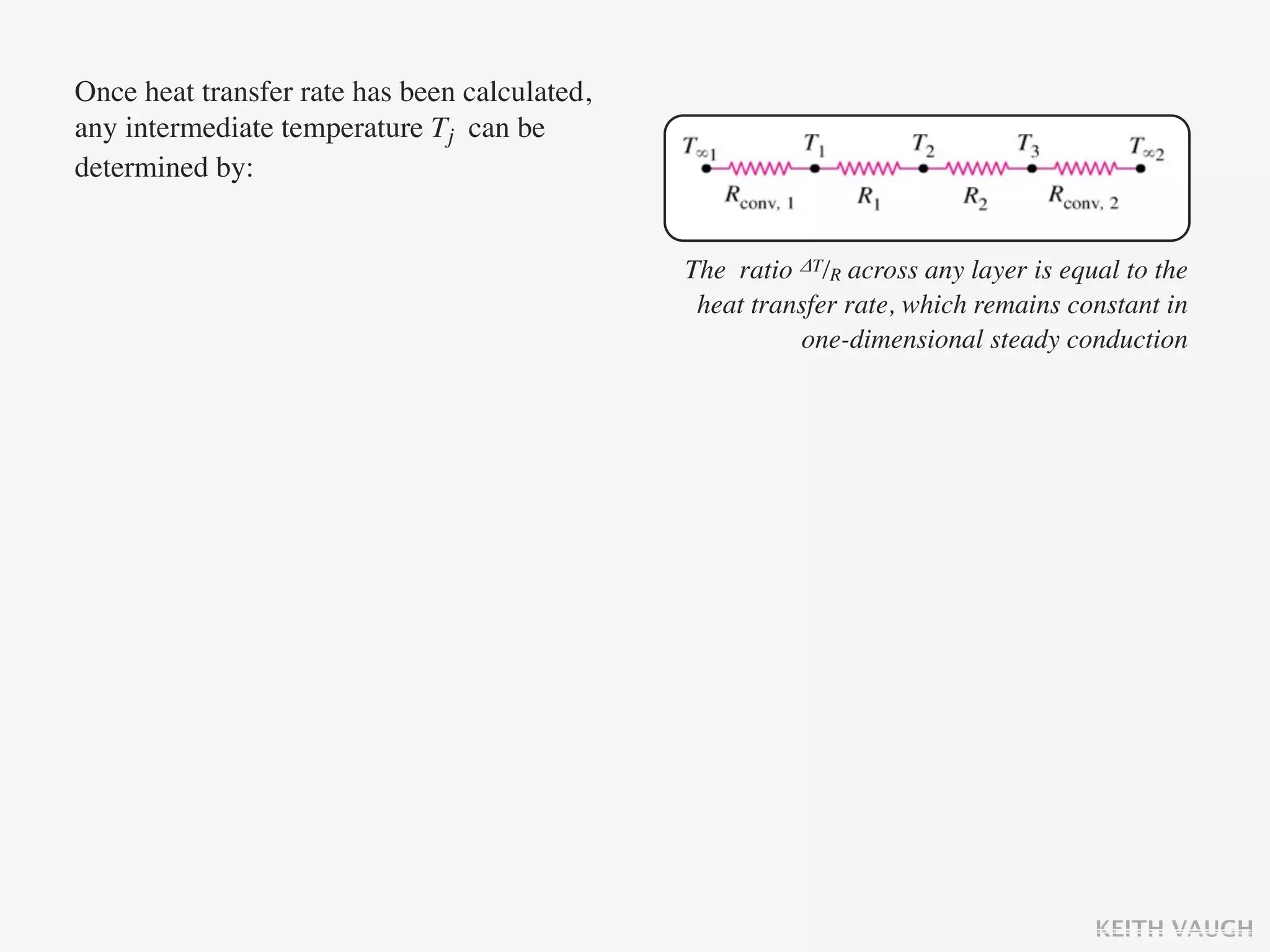 Once heat transfer rate has been calculated,
any intermediate temperature Tj can be
determined by:


                                               The ratio ΔT/R across any layer is equal to the
                                                heat transfer rate, which remains constant in
                                                         one-dimensional steady conduction




                                                                                     KEITH VAUGH
 