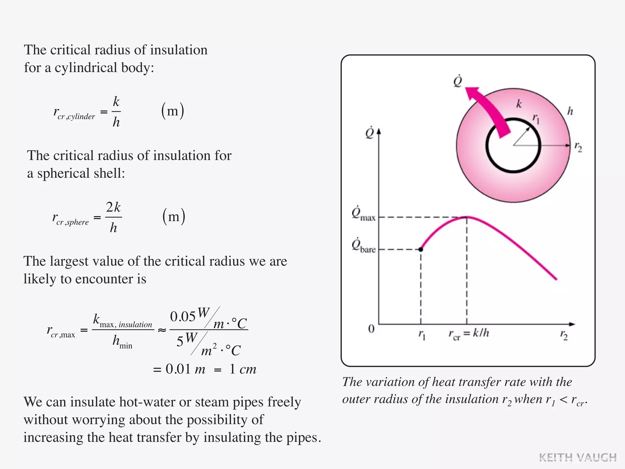 The critical radius of insulation
for a cylindrical body:

                      k
     rcr,cylinder   =        (m)
                      h

The critical radius of insulation for
a spherical shell:

                    2k
     rcr,sphere   =          (m)
                    h

The largest value of the critical radius we are
likely to encounter is

                kmax, insulation 0.05 W m ⋅°C
    rcr,max   =                  ≈
                    hmin            5W 2
                                        m ⋅°C
                                = 0.01 m = 1 cm
                                                        The variation of heat transfer rate with the
We can insulate hot-water or steam pipes freely         outer radius of the insulation r2 when r1 < rcr.
without worrying about the possibility of
increasing the heat transfer by insulating the pipes.
                                                                                              KEITH VAUGH
 