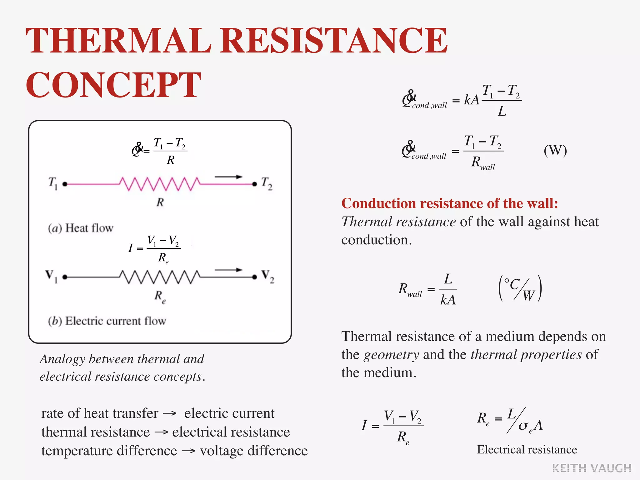 THERMAL RESISTANCE
CONCEPT         &
                Q  = kA
                        T −T
                                                         cond,wall
                                                                        1       2
                                                                            L

                 & T −T                                &            T1 − T2
                 Q= 1 2                                Qcond,wall =                   (W)
                     R                                               Rwall

                                              Conduction resistance of the wall:
                                              Thermal resistance of the wall against heat
                     V1 − V2                  conduction.
                I=
                        Re
                                                                  L
                                                       Rwall   =
                                                                 kA
                                                                            (°C W )
                                              Thermal resistance of a medium depends on
Analogy between thermal and                   the geometry and the thermal properties of
electrical resistance concepts.               the medium.

rate of heat transfer → electric current            V1 − V2           Re = L σ A
thermal resistance → electrical resistance       I=                           e
                                                       Re
temperature difference → voltage difference                           Electrical resistance
                                                                                       KEITH VAUGH
 