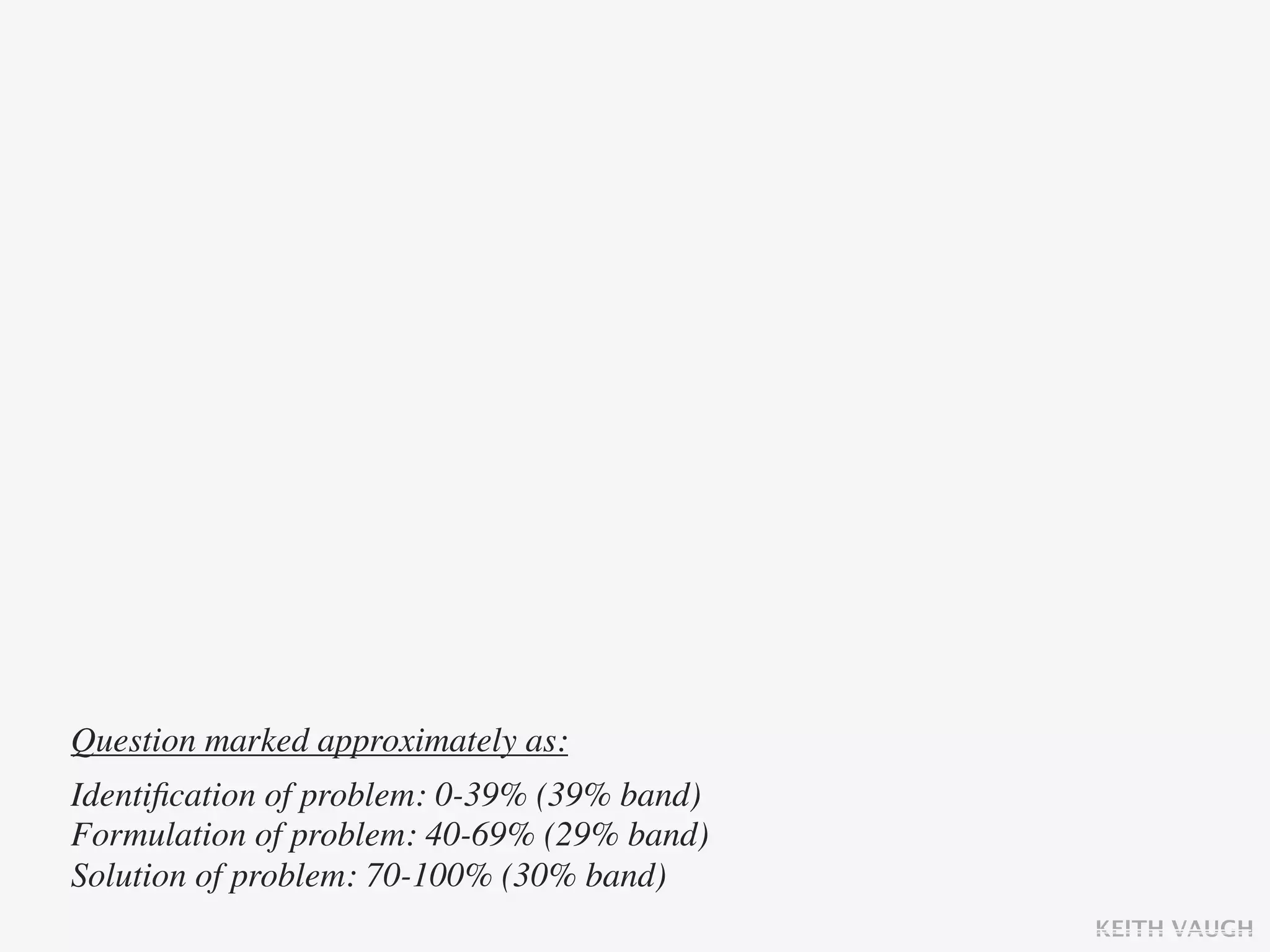 Question marked approximately as:
Identiﬁcation of problem: 0-39% (39% band)
Formulation of problem: 40-69% (29% band)
Solution of problem: 70-100% (30% band)
                                             KEITH VAUGH
 