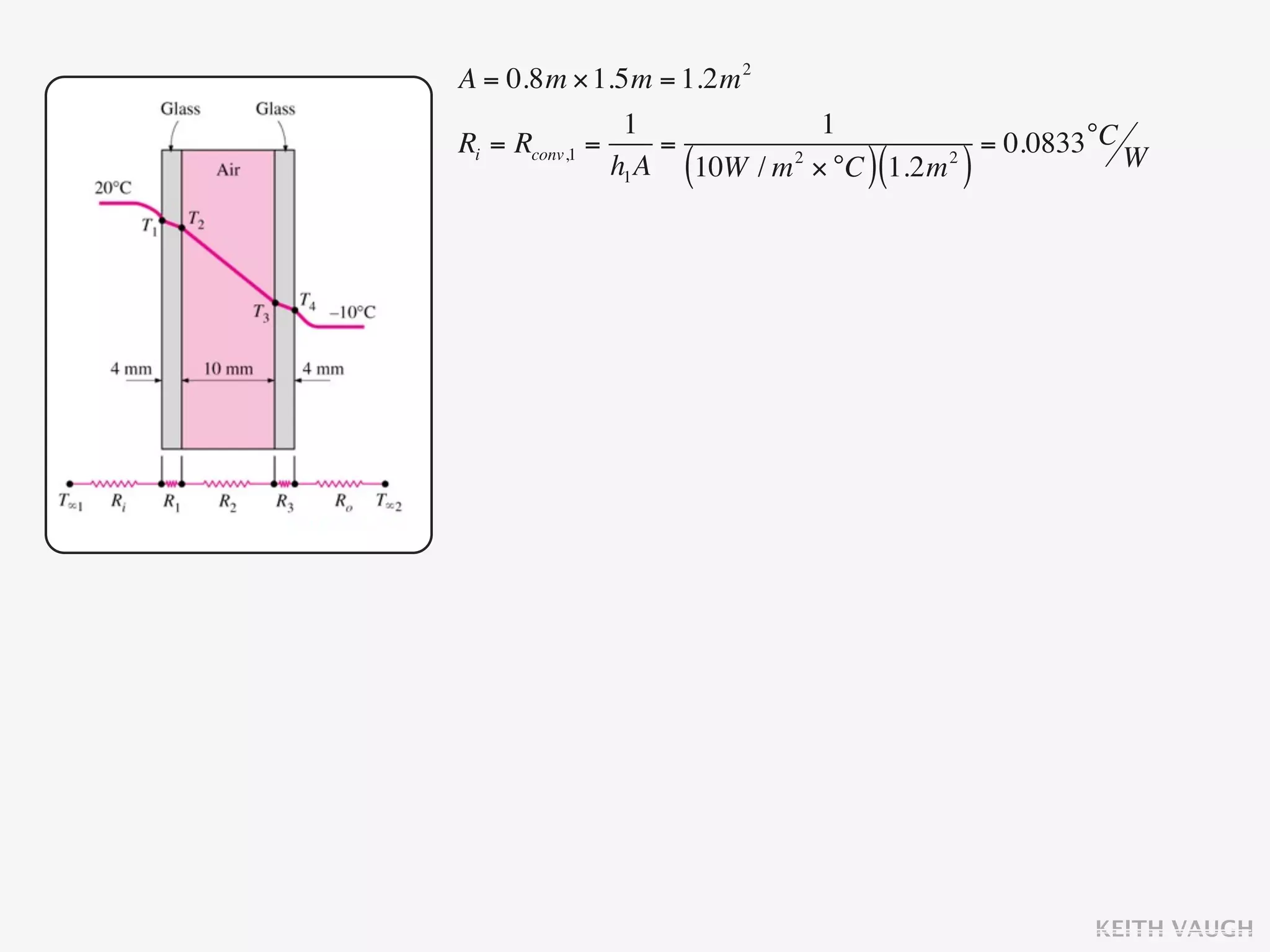 A = 0.8m × 1.5m = 1.2m 2
                1            1
Ri = Rconv,1 =     =                    = 0.0833 °C W
                  (        2
                               )(
               h1 A 10W / m × °C 1.2m )
                                      2




                                                KEITH VAUGH
 