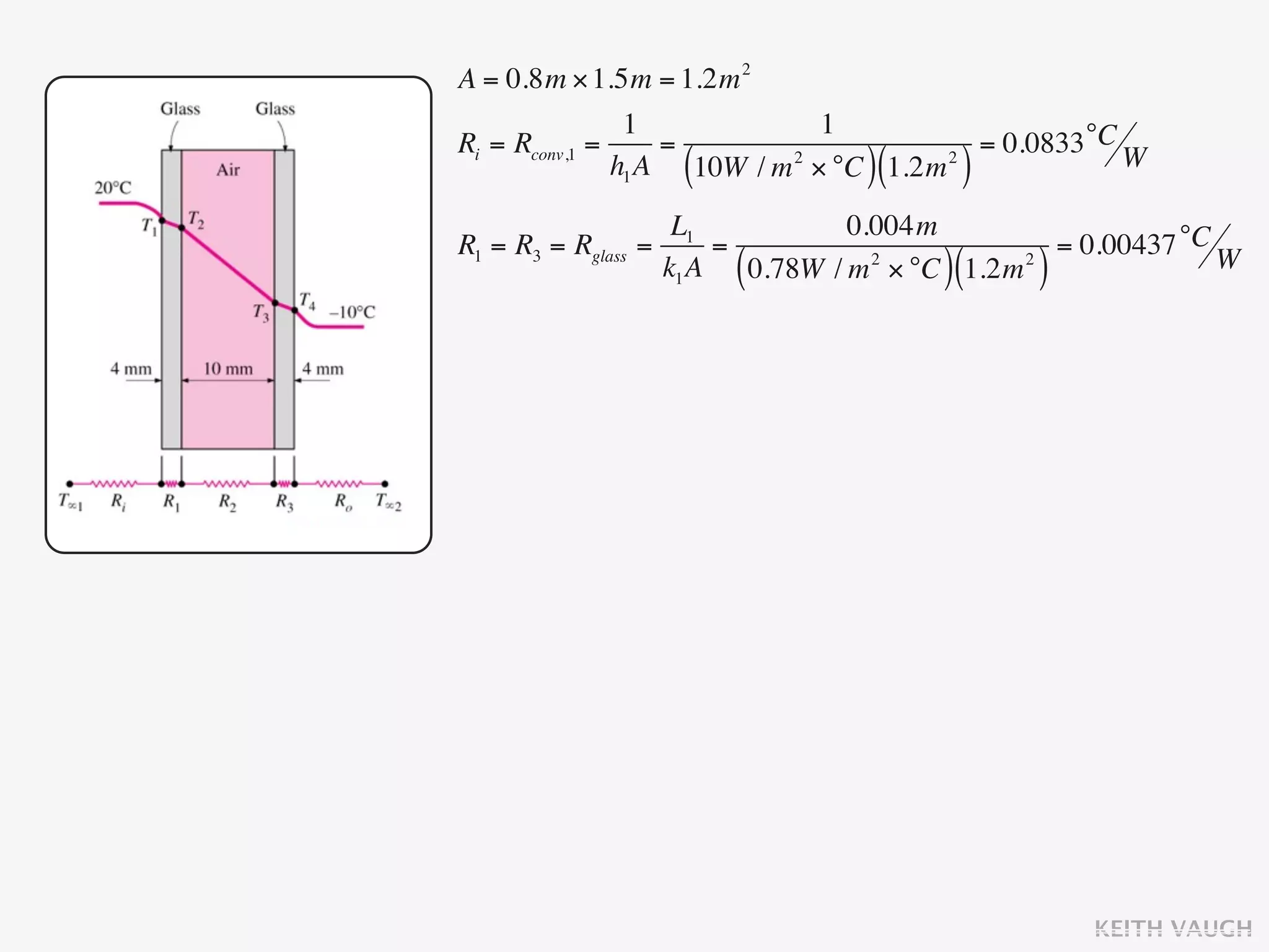 A = 0.8m × 1.5m = 1.2m 2
                1            1
Ri = Rconv,1 =     =                    = 0.0833 °C W
                      (    2
                                    )(
               h1 A 10W / m × °C 1.2m 2
                                            )
                      L1            0.004m
R1 = R3 = Rglass   =      =                         = 0.00437 °C W
                     k1 A (               )(      )
                            0.78W / m 2 × °C 1.2m 2




                                                      KEITH VAUGH
 