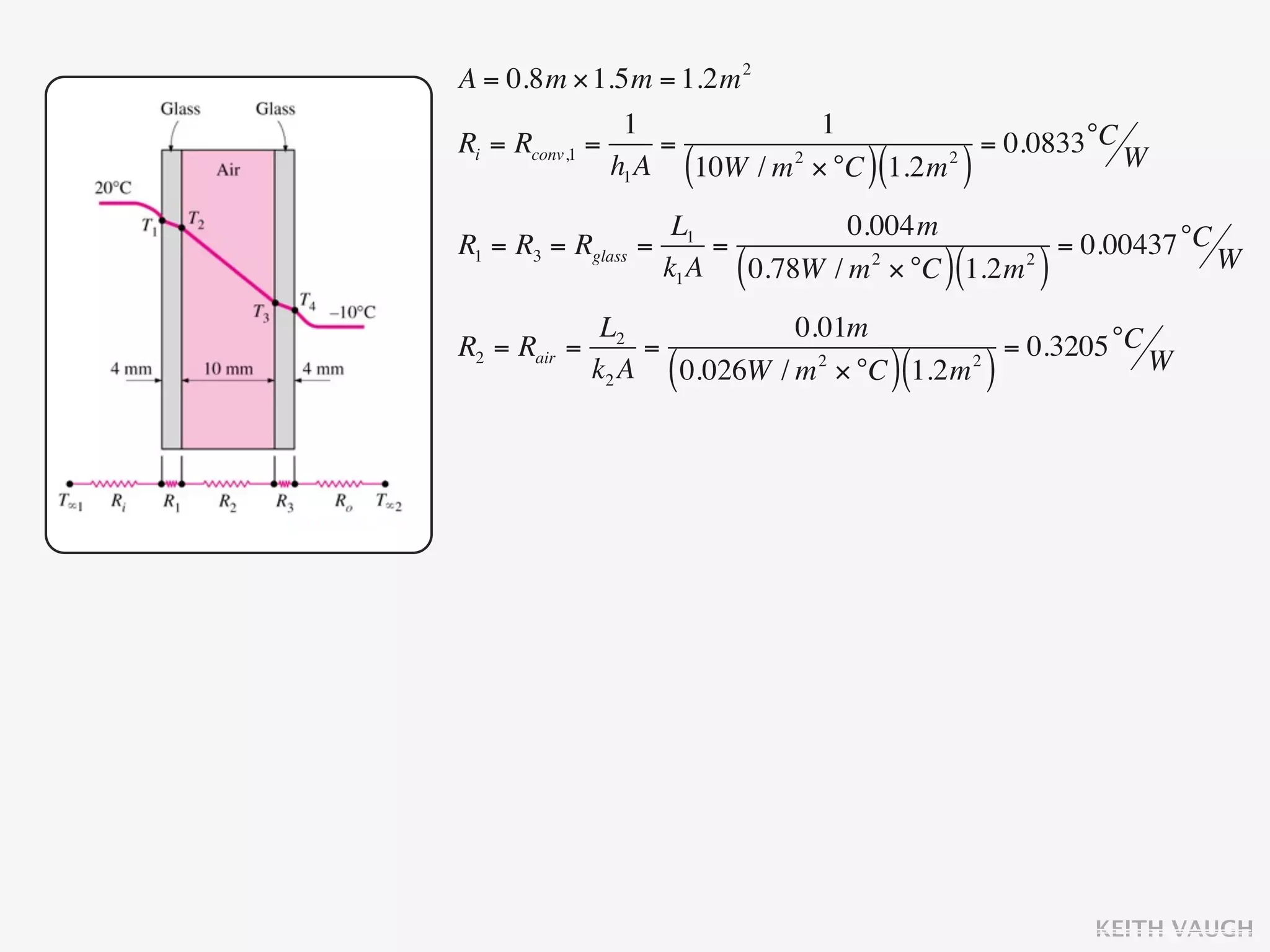A = 0.8m × 1.5m = 1.2m 2
                1            1
Ri = Rconv,1 =     =                    = 0.0833 °C W
                         ( 2
                                    )(
               h1 A 10W / m × °C 1.2m 2
                                               )
                      L1            0.004m
R1 = R3 = Rglass   =      =                         = 0.00437 °C W
                     k1 A    (                )(
                            0.78W / m 2 × °C 1.2m 2    )
             L2             0.01m
R2 = Rair =      =                        = 0.3205 °C W
            k2 A     (        2
                   0.026W / m × °C 1.2m 2
                                         )(        )




                                                           KEITH VAUGH
 