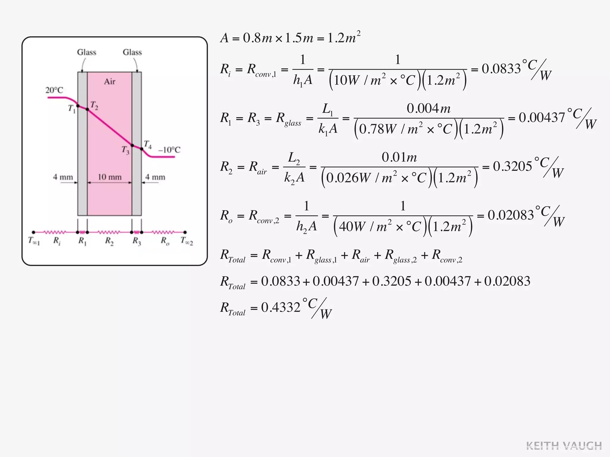 A = 0.8m × 1.5m = 1.2m 2
                1            1
Ri = Rconv,1 =     =                    = 0.0833 °C W
                          (2
               h1 A 10W / m × °C 1.2m 2
                                            )(         )
                      L1            0.004m
R1 = R3 = Rglass   =      =                         = 0.00437 °C W
                     k1 A     (
                            0.78W / m 2 × °C 1.2m 2   )(           )
             L2             0.01m
R2 = Rair =      =                        = 0.3205 °C W
            k2 A      (       2
                   0.026W / m × °C 1.2m 2
                                                 )(            )
                  1               1
Ro = Rconv,2   =      =                       = 0.02083 °C W
                 h2 A     (
                        40W / m 2 × °C 1.2m 2)(            )
RTotal = Rconv,1 + Rglass,1 + Rair + Rglass,2 + Rconv,2
RTotal = 0.0833 + 0.00437 + 0.3205 + 0.00437 + 0.02083
RTotal = 0.4332 °C W




                                                                       KEITH VAUGH
 