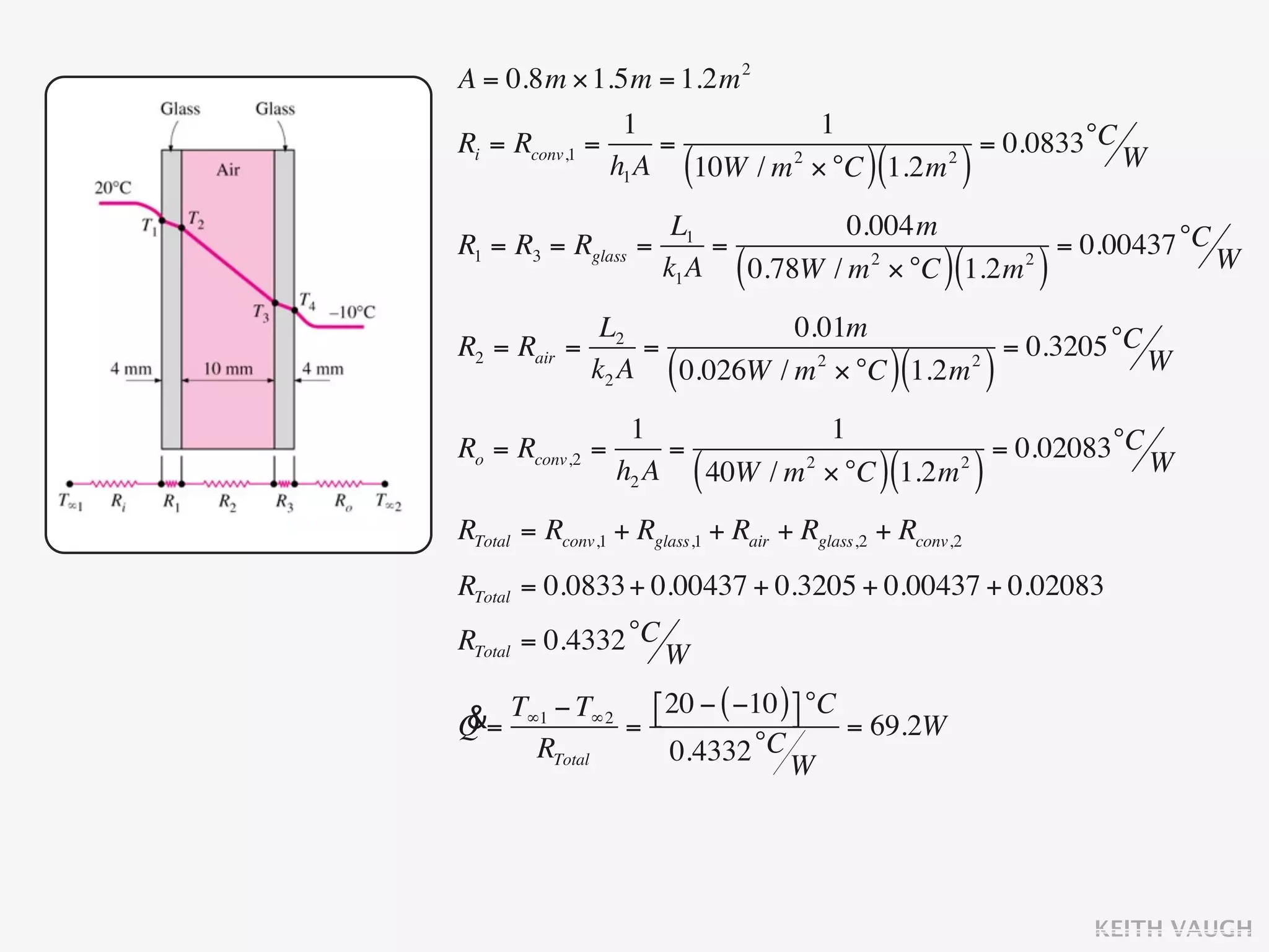 A = 0.8m × 1.5m = 1.2m 2
                1            1
Ri = Rconv,1 =     =                    = 0.0833 °C W
                          (2
               h1 A 10W / m × °C 1.2m 2
                                            )(         )
                      L1            0.004m
R1 = R3 = Rglass   =      =                         = 0.00437 °C W
                     k1 A     (
                            0.78W / m 2 × °C 1.2m 2   )(           )
             L2             0.01m
R2 = Rair =      =                        = 0.3205 °C W
            k2 A      (       2
                   0.026W / m × °C 1.2m 2
                                                 )(            )
                  1               1
Ro = Rconv,2   =      =                       = 0.02083 °C W
                 h2 A     (
                        40W / m 2 × °C 1.2m 2)(            )
RTotal = Rconv,1 + Rglass,1 + Rair + Rglass,2 + Rconv,2
RTotal = 0.0833 + 0.00437 + 0.3205 + 0.00437 + 0.02083
RTotal = 0.4332 °C W

Q              ⎣ 20 − ( −10 ) ⎤ °C = 69.2W
&= T∞1 − T∞2 = ⎡              ⎦
     RTotal       0.4332 °C W




                                                                       KEITH VAUGH
 