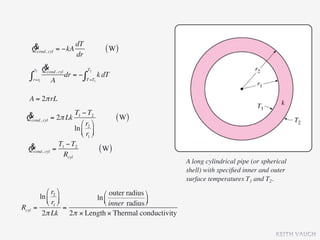& cyl = −kA dT
   Qcond,                        ( W)
               dr
    r2 &
       Qcond, cyl T2
  ∫r=r1 A dr = − ∫T =T1 k dT
  A = 2π rL

 & cyl = 2π Lk T1 − T2
 Qcond,                               ( W)
                    ⎛ r2 ⎞
                 ln ⎜ ⎟
                    ⎝ r1 ⎠
  & cyl = T1 − T2
 Qcond,                        ( W)
            Rcyl
                                                   A long cylindrical pipe (or spherical
                                                   shell) with speciﬁed inner and outer
                                                   surface temperatures T1 and T2.
          ⎛ r2 ⎞       ⎛ outer radius ⎞
       ln ⎜ ⎟       ln ⎜
          ⎝ r1 ⎠       ⎝ inner radius ⎟
                                         ⎠
Rcyl =             =
        2π Lk 2π × Length × Thermal conductivity

                                                                                    KEITH VAUGH
 