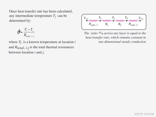 Once heat transfer rate has been calculated,
any intermediate temperature Tj can be
determined by:

           Ti − T j
      &
      Q=                                           The ratio ΔT/R across any layer is equal to the
           Rtotal, i− j
                                                    heat transfer rate, which remains constant in
where Ti is a known temperature at location i                one-dimensional steady conduction
and Rtotal, i-j is the total thermal resistances
between location i and j.




                                                                                         KEITH VAUGH
 