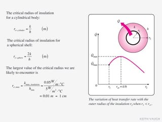 The critical radius of insulation
for a cylindrical body:

                      k
     rcr,cylinder   =        (m)
                      h

The critical radius of insulation for
a spherical shell:

                    2k
     rcr,sphere   =          (m)
                    h

The largest value of the critical radius we are
likely to encounter is

                kmax, insulation 0.05 W m ⋅°C
    rcr,max   =                  ≈
                    hmin            5W 2
                                        m ⋅°C
                                = 0.01 m = 1 cm
                                                  The variation of heat transfer rate with the
                                                  outer radius of the insulation r2 when r1 < rcr.



                                                                                        KEITH VAUGH
 