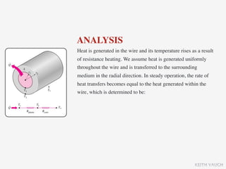 ANALYSIS
Heat is generated in the wire and its temperature rises as a result
of resistance heating. We assume heat is generated uniformly
throughout the wire and is transferred to the surrounding
medium in the radial direction. In steady operation, the rate of
heat transfers becomes equal to the heat generated within the
wire, which is determined to be:




                                                         KEITH VAUGH
 