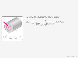 A2 = ( 2π r2 ) L = 2π ( 0.0035m ) ( 5m ) = 0.110m 2
           1                     1
Rconv   =     =                                   = 0.76 °C W
          hA2
               (12 W
                       m   2
                               ⋅°C ) (
                                       0.110m )
                                            2




                                                                KEITH VAUGH
 