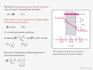 The ratio of temperature drop to thermal resistance
across the layer is proportional, therefore:

        &
   ΔT = QR        (°C )
Heat transfer can be expressed in a similar manner
to Newtons Law of cooling:

  &
  Q = UAΔT         ( W)
U overall heat transfer coefﬁcient

Comparing Q  &= T∞1 − T∞2 and Q = UAΔT , reveals
                              &
                  Rtotal
        1
 UA =
      Rtotal
                   (°C
                         K )
                                                      The temperature drop across a layer is
Once Q is evaluated, the surface temperature T1
                                                      proportional to its thermal resistance.
can be determined from

 &= T∞1 − T1 = T∞1 − T1
 Q
     Rconv,1   ⎛ 1 ⎞
               ⎜ h A ⎟
               ⎝ 1 ⎠
                                                                                        KEITH VAUGH
 