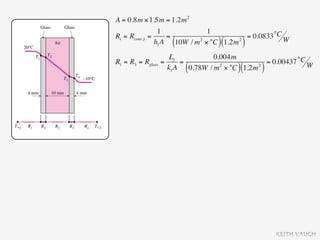 A = 0.8m × 1.5m = 1.2m 2
                1            1
Ri = Rconv,1 =     =                    = 0.0833 °C W
                      (    2
                                    )(
               h1 A 10W / m × °C 1.2m 2
                                            )
                      L1            0.004m
R1 = R3 = Rglass   =      =                         = 0.00437 °C W
                     k1 A (               )(      )
                            0.78W / m 2 × °C 1.2m 2




                                                      KEITH VAUGH
 