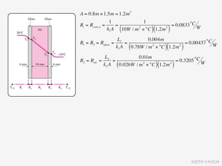 A = 0.8m × 1.5m = 1.2m 2
                1            1
Ri = Rconv,1 =     =                    = 0.0833 °C W
                         ( 2
                                    )(
               h1 A 10W / m × °C 1.2m 2
                                               )
                      L1            0.004m
R1 = R3 = Rglass   =      =                         = 0.00437 °C W
                     k1 A    (                )(
                            0.78W / m 2 × °C 1.2m 2    )
             L2             0.01m
R2 = Rair =      =                        = 0.3205 °C W
            k2 A     (        2
                   0.026W / m × °C 1.2m 2
                                         )(        )




                                                           KEITH VAUGH
 