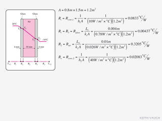 A = 0.8m × 1.5m = 1.2m 2
                1            1
Ri = Rconv,1 =     =                    = 0.0833 °C W
                         ( 2
                                    )(
               h1 A 10W / m × °C 1.2m 2
                                               )
                      L1            0.004m
R1 = R3 = Rglass   =      =                         = 0.00437 °C W
                     k1 A    (                )(
                            0.78W / m 2 × °C 1.2m 2        )
             L2             0.01m
R2 = Rair =      =                        = 0.3205 °C W
            k2 A     (        2
                   0.026W / m × °C 1.2m 2
                                         )(            )
                  1               1
Ro = Rconv,2   =      =                       = 0.02083 °C W
                 h2 A    (           )(
                        40W / m 2 × °C 1.2m 2      )




                                                               KEITH VAUGH
 