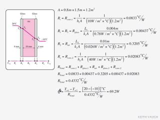 A = 0.8m × 1.5m = 1.2m 2
                1            1
Ri = Rconv,1 =     =                    = 0.0833 °C W
                          (2
               h1 A 10W / m × °C 1.2m 2
                                            )(         )
                      L1            0.004m
R1 = R3 = Rglass   =      =                         = 0.00437 °C W
                     k1 A     (
                            0.78W / m 2 × °C 1.2m 2   )(           )
             L2             0.01m
R2 = Rair =      =                        = 0.3205 °C W
            k2 A      (       2
                   0.026W / m × °C 1.2m 2
                                                 )(            )
                  1               1
Ro = Rconv,2   =      =                       = 0.02083 °C W
                 h2 A     (
                        40W / m 2 × °C 1.2m 2)(            )
RTotal = Rconv,1 + Rglass,1 + Rair + Rglass,2 + Rconv,2
RTotal = 0.0833 + 0.00437 + 0.3205 + 0.00437 + 0.02083
RTotal = 0.4332 °C W

Q              ⎣ 20 − ( −10 ) ⎤ °C = 69.2W
&= T∞1 − T∞2 = ⎡              ⎦
     RTotal       0.4332 °C W




                                                                       KEITH VAUGH
 