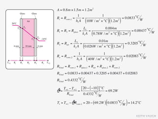 A = 0.8m × 1.5m = 1.2m 2
                1            1
Ri = Rconv,1 =     =                    = 0.0833 °C W
                          (2
               h1 A 10W / m × °C 1.2m 2
                                              )(         )
                      L1            0.004m
R1 = R3 = Rglass   =      =                         = 0.00437 °C W
                     k1 A     (
                            0.78W / m 2 × °C 1.2m 2     )(               )
             L2             0.01m
R2 = Rair =      =                        = 0.3205 °C W
            k2 A      (       2
                   0.026W / m × °C 1.2m 2
                                                   )(            )
                  1               1
Ro = Rconv,2   =      =                       = 0.02083 °C W
                 h2 A     (
                        40W / m 2 × °C 1.2m 2  )(            )
RTotal = Rconv,1 + Rglass,1 + Rair + Rglass,2 + Rconv,2
RTotal = 0.0833 + 0.00437 + 0.3205 + 0.00437 + 0.02083
RTotal = 0.4332 °C W

Q              ⎣ 20 − ( −10 ) ⎤ °C = 69.2W
&= T∞1 − T∞2 = ⎡              ⎦
     RTotal       0.4332 °C W

           &                              (
T1 = T∞1 − QRconv,1 = 20 − ( 69.2W ) 0.0833 °C W = 14.2°C            )
                                                                             KEITH VAUGH
 