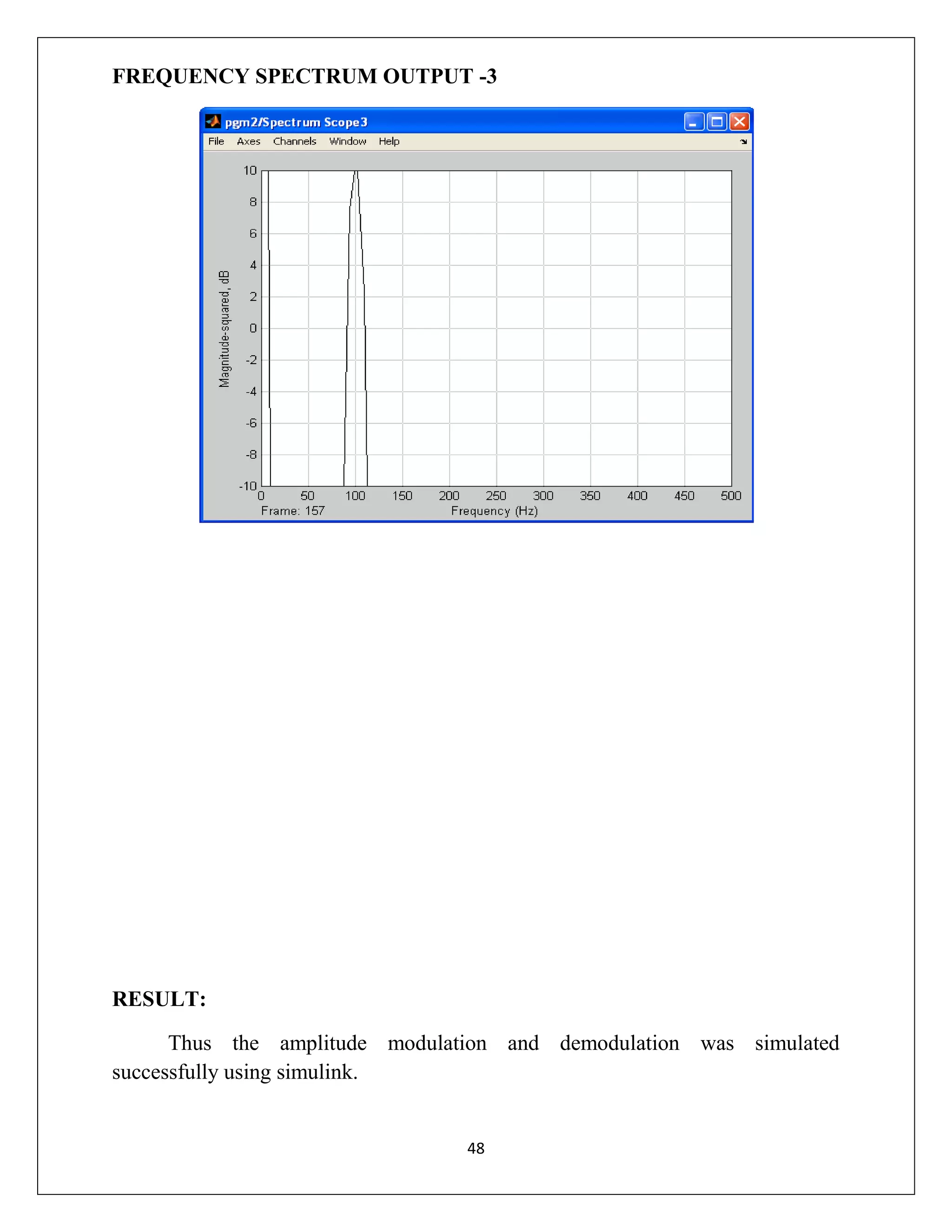 FREQUENCY SPECTRUM OUTPUT -3

RESULT:
Thus the amplitude modulation and demodulation was simulated
successfully using simulink.

48

 