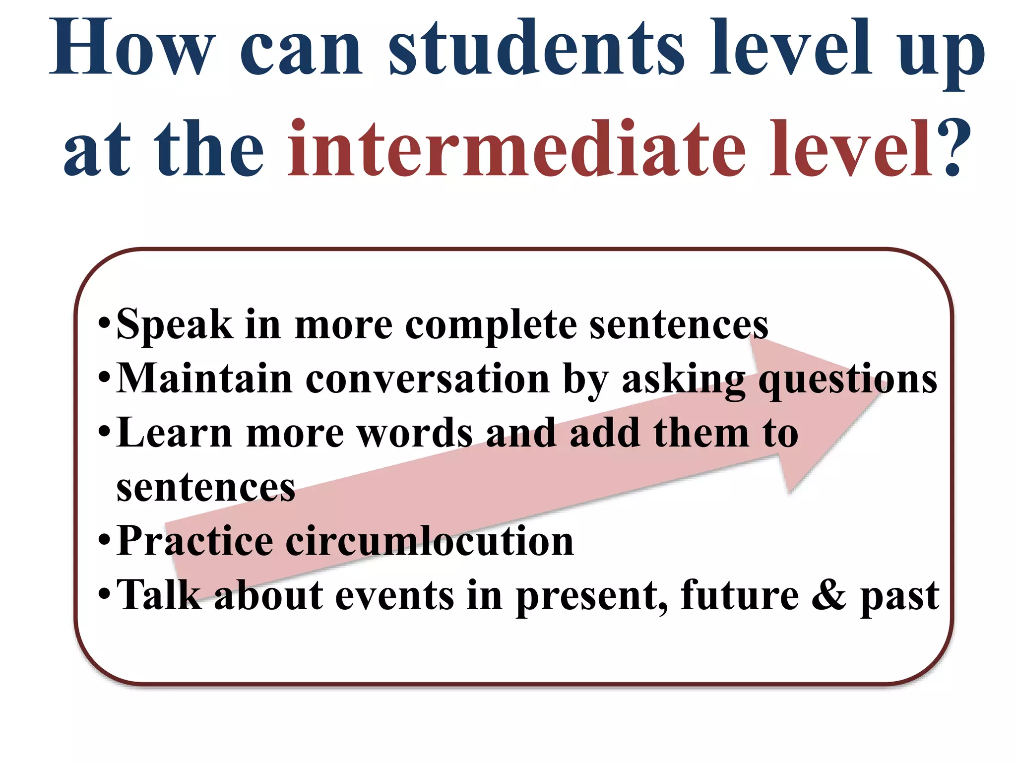 How can students level up
at the intermediate level?
•Speak in more complete sentences
•Maintain conversation by asking questions
•Learn more words and add them to
sentences
•Practice circumlocution
•Talk about events in present, future & past
 