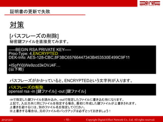 証明書の更新で失敗


       対策
       [パスフレーズの削除]
       秘密鍵ファイルを直接見てみます。
      -----BEGIN RSA PRIVATE KEY-----
      Proc-Type: 4,ENCRYPTED
      DEK-Info: AES-128-CBC,8F3BC65766447343B453530E499C9F11
      +lSpfYi0jWe9zcd3kOVJ4F…
      (以下略)

       パスフレーズがかかっていると、ENCRYPTEDという文字列が入ります。
      パスフレーズの解除
      openssl rsa -in [鍵ファイル] -out [鍵ファイル]
       -inで指定した鍵ファイルを読み込み、-outで指定したファイルに書き込む形になります。
       上記で、入出力共に同じファイルを指定する場合、最初に作成した鍵ファイルが上書きされます。
       上書きを避けるには、別のファイル名を指定してください。
       ※上書きする場合は、元のファイルのバックアップは必ずとっておきましょう！

2012/12/21                      - 10 -       Copyright Digital-Effect Network Co., Ltd. All rights reserved.
 