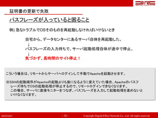 証明書の更新で失敗

       パスフレーズが入っていると困ること
       例) 急なトラブルでOSそのものを再起動しなければいけないとき

             自宅から、データセンターにあるサーバ自体を再起動した。
              ↓
             パスフレーズの入力待ちで、サーバ起動処理自体が途中で停止。
              ↓
             気づかず、長時間のサイト停止！


   こういう場合は、リモートからサーバへログインして手動でApacheを起動させます。

   ※SSHの起動順序がApacheの起動よりも後になるように変えていた場合、Apacheのパスフ
     レーズ待ちでOSの起動処理が停止するので、リモートログインできなくなります。
     この場合、サーバに直接モニターをつなぎ、パスフレーズを入力して起動処理を進めないと
     いけなくなります。




2012/12/21            - 12 -   Copyright Digital-Effect Network Co., Ltd. All rights reserved.
 