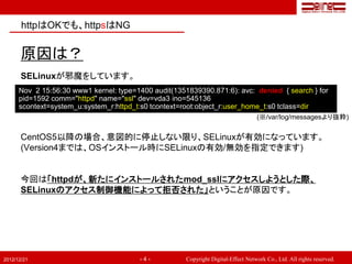 httpはOKでも、httpsはNG


       原因は？
       SELinuxが邪魔をしています。
      Nov 2 15:56:30 www1 kernel: type=1400 audit(1351839390.871:6): avc: denied { search } for
      pid=1592 comm="httpd" name="ssl" dev=vda3 ino=545136
      scontext=system_u:system_r:httpd_t:s0 tcontext=root:object_r:user_home_t:s0 tclass=dir
                                                                                    (※/var/log/messagesより抜粋)


       CentOS5以降の場合、意図的に停止しない限り、SELinuxが有効になっています。
       (Version4までは、OSインストール時にSELinuxの有効/無効を指定できます)


       今回は「httpdが、新たにインストールされたmod_sslにアクセスしようとした際、
       SELinuxのアクセス制御機能によって拒否された」ということが原因です。




2012/12/21                              -4-           Copyright Digital-Effect Network Co., Ltd. All rights reserved.
 