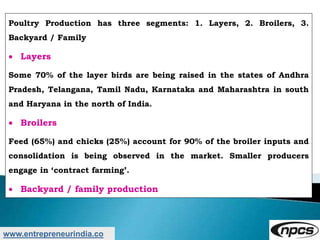 www.entrepreneurindia.co
Poultry Production has three segments: 1. Layers, 2. Broilers, 3.
Backyard / Family
 Layers
Some 70% of the layer birds are being raised in the states of Andhra
Pradesh, Telangana, Tamil Nadu, Karnataka and Maharashtra in south
and Haryana in the north of India.
 Broilers
Feed (65%) and chicks (25%) account for 90% of the broiler inputs and
consolidation is being observed in the market. Smaller producers
engage in ‘contract farming’.
 Backyard / family production
 