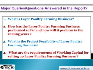 Major Queries/Questions Answered in the Report?
www.entrepreneurindia.co
1. What is Layer Poultry Farming Business?
2. How has the Layer Poultry Farming Business
performed so far and how will it perform in the
coming years ?
3. What is the Project Feasibility of Layer Poultry
Farming Business?
4. What are the requirements of Working Capital for
setting up Layer Poultry Farming Business ?
 