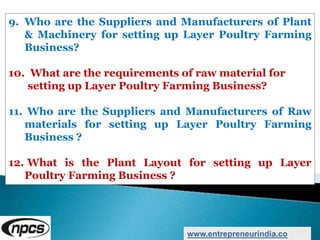 9. Who are the Suppliers and Manufacturers of Plant
& Machinery for setting up Layer Poultry Farming
Business?
10. What are the requirements of raw material for
setting up Layer Poultry Farming Business?
11. Who are the Suppliers and Manufacturers of Raw
materials for setting up Layer Poultry Farming
Business ?
12. What is the Plant Layout for setting up Layer
Poultry Farming Business ?
www.entrepreneurindia.co
 