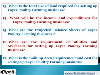 www.entepreneurindia.co
13. What is the total size of land required for setting up
Layer Poultry Farming Business?
14. What will be the income and expenditures for
Layer Poultry Farming Business?
15. What are the Projected Balance Sheets of Layer
Poultry Farming Business ?
16. What are the requirement of utilities and
overheads for setting up Layer Poultry Farming
Business?
17. What is the Built up Area Requirement and cost for
setting up Layer Poultry Farming Business?
 
