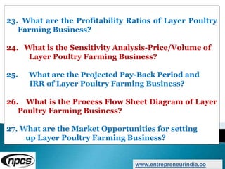 23. What are the Profitability Ratios of Layer Poultry
Farming Business?
24. What is the Sensitivity Analysis-Price/Volume of
Layer Poultry Farming Business?
25. What are the Projected Pay-Back Period and
IRR of Layer Poultry Farming Business?
26. What is the Process Flow Sheet Diagram of Layer
Poultry Farming Business?
27. What are the Market Opportunities for setting
up Layer Poultry Farming Business?
www.entrepreneurindia.co
 