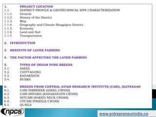 www.entrepreneurindia.co
1. PROJECT LOCATION
1.1. DISTRICT PROFILE & GEOTECHNICAL SITE CHARACTERIZATION
1.1.1. General
1.1.2. History of the District
1.1.3. Map
1.1.4. Geography and Climate Bhagalpur District
1.1.5. Economy
1.1.6. Land and Soil
1.1.7. Transportation
2. INTRODUCTION
3. BENEFITS OF LAYER FARMING
4. THE FACTOR AFFECTING THE LAYER FARMING
5. TYPES OF INDIAN PURE BREEDS
5.1. ASEEL
5.2. CHITTAGONG
5.3. KADAKNATH
5.4. BUSRA
6. BREEDS FROM CENTRAL AVIAN RESEARCH INSTITUTE (CARI), IZATNAGAR
6.1. CARI NIRBHEEK (ASEEL CROSS)
6.2. CARI SHYAMA (KADAKANATH CROSS)
6.3. HITCARI (NAKED NECK CROSS)
6.4. UPCARI (FRIZZLE CROSS)
6.5. QUAILS
 