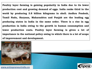 www.entrepreneurindia.co
Poultry layer farming is gaining popularity in India due to its lower
production cost and growing demand of eggs. India ranks third in the
world by producing 3.8 billion kilograms in shell. Andhra Pradesh,
Tamil Nadu, Haryana, Maharashtra and Punjab are the leading egg
producing states in India in the same order. There is a rise in egg
production in India owing to the growth in human consumption and
lower production costs. Poultry layer farming is given a lot of
importance in the national policy owing to which there is a lot of scope
of improvement and development.
 