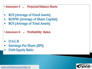 • Annexure 5 :: Projected Balance Sheets
 ROI (Average of Fixed Assets)
 RONW (Average of Share Capital)
 ROI (Average of Total Assets)
• Annexure 6 :: Profitability Ratios
 D.S.C.R
 Earnings Per Share (EPS)
 Debt Equity Ratio
www.entrepreneurindia.co
 