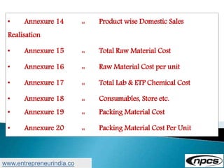• Annexure 14 :: Product wise Domestic Sales
Realisation
• Annexure 15 :: Total Raw Material Cost
• Annexure 16 :: Raw Material Cost per unit
• Annexure 17 :: Total Lab & ETP Chemical Cost
• Annexure 18 :: Consumables, Store etc.
• Annexure 19 :: Packing Material Cost
• Annexure 20 :: Packing Material Cost Per Unit
www.entrepreneurindia.co
 