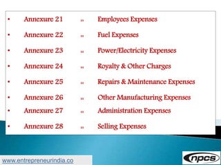 • Annexure 21 :: Employees Expenses
• Annexure 22 :: Fuel Expenses
• Annexure 23 :: Power/Electricity Expenses
• Annexure 24 :: Royalty & Other Charges
• Annexure 25 :: Repairs & Maintenance Expenses
• Annexure 26 :: Other Manufacturing Expenses
• Annexure 27 :: Administration Expenses
• Annexure 28 :: Selling Expenses
www.entrepreneurindia.co
 
