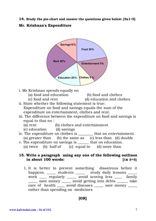14. Study the pie-chart and answer the questions given below: [5x1=5]
      Mr. Krishnan's Expenditure




                                      Savings10%
                                                     Food 30%



                                  Rent 30%
                                                     Entertainment 5%




                                     Education 20% Clothes 5 %



      i. Mr Krishnan spends equally on
              (a) food and education             (b) food and clothes
              (c) food and rent                 (d) education and clothes
      ii. State whether the following statement is true:
          Expenditure on food and savings equals the sum of the
          expenditure on entertainment, clothes and rent.
      iii. The difference between the expenditure on food and savings is
          equal to that on :
          (a) rent           (b) clothes and entertainment
          (c) education       (d) savings
      iv. The expenditure on clothes is ________ that on entertainment.
          (a) greater than     (b) the same as     (c) less than (d) double
      v. The expenditure on savings is ______ that on education.
          (a) twice (b) half of        (c) equal to     (d) more than

      15. Write a paragraph using any one of the following outlines
            in about 100 words:                                 [1x 5=5]
      iiiiin about 100 words:
          1. It is better to prevent something disastrous before it
             happens. _____ students _____    study daily lessons _____
             work ____ regularly _____ avoid scoring less ____ family
             _____ save money _____ avoid getting into debts ______ take
             care of health ____ avoid diseases _____ save money _____
             rather than spending on medicines

                                                   [OR]


www.kalvisolai.com - 16 of 112.                                               7
 