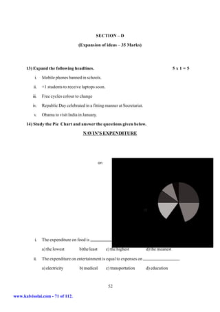 SECTION – D

                                      (Expansion of ideas – 35 Marks)




      13) Expand the following headlines.                                                         5x1=5

            i.   Mobile phones banned in schools.

          ii.    +1 students to receive laptops soon.

          iii.   Free cycles colour to change

          iv.    Republic Day celebrated in a fitting manner at Secretariat.

           v.    Obama to visit India in January.

      14) Study the Pie Chart and answer the questions given below.

                                        NAVIN’S EXPENDITURE




                                                    on
                                                                                    Electricity
                                                                                       5%
                                                                              Transportati
                                                                                on 10%                     Food 25%

                                                                             Taxes 10%


                                                                                nt
                                                                                Savings                      Educati
                                                                                  15%                          20%
                                                                                      Medical          Entertainme
                                                                                       10%                nt 5%
            i.   The expenditure on food is                          of all the expenses.

                 a) the lowest        b)the least        c) the highest          d) the meanest

          ii.    The expenditure on entertainment is equal to expenses on                          .

                 a) electricity       b) medical         c) transportation       d) education



                                                          52

www.kalvisolai.com - 71 of 112.
 
