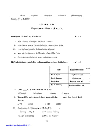 b) Pens          help mate        variety pens         available at        prices. ranging
      from Rs.10/- to Rs.1,000/-


                                               SECTION – D
                                   (Expansion of ideas – 35 marks)


      13) Expand the following headlines :-                                                     5x1=5

           i)   New Teaching Techniques for School Teachers

          ii)   Terrorists Strike CRPF Camp in Jammu – Two Jawans Killed

         iii)   Held for Smoking at the Railway Station, Chennai

         iv)    Man gets Imprisonment for Throwing a Boy off the Train

          v)    Egypt Army apologises for attack on innocent people

      14) Study the table given below and answer the questions that follow:-                    5x1=5


                                                                                                                Rent
                                                                        Hotel              Type of the room
                                                                                                                   in

                                                              Hotel Meera                   Single, non A/c        37
                                                              Hotel Kannagi                   Single, A/c          56
                                                              Hotel Opal                    Double, Non A/c        45
                                                              Hotel Midway                 Double deluxe, A/c      78

           i)   Hotel ____ is the nearest to the bus stand.

                a) Kannagi            b) Midway               c) Opal           d) Meera

          ii)   The tariff for an A/c room in Hotel Kannagi is Rs. _____ more than that of Hotel
                Meera.

                a) 90        b) 190                  c) 120         d) 110

         iii)   Single room facilities are provided only in________.

                a) Kannagi and Opal               b) Meera and Midway

                c) Meera and Kannagi              d) Opal and Midway

                                                      70

www.kalvisolai.com - 89 of 112.
 