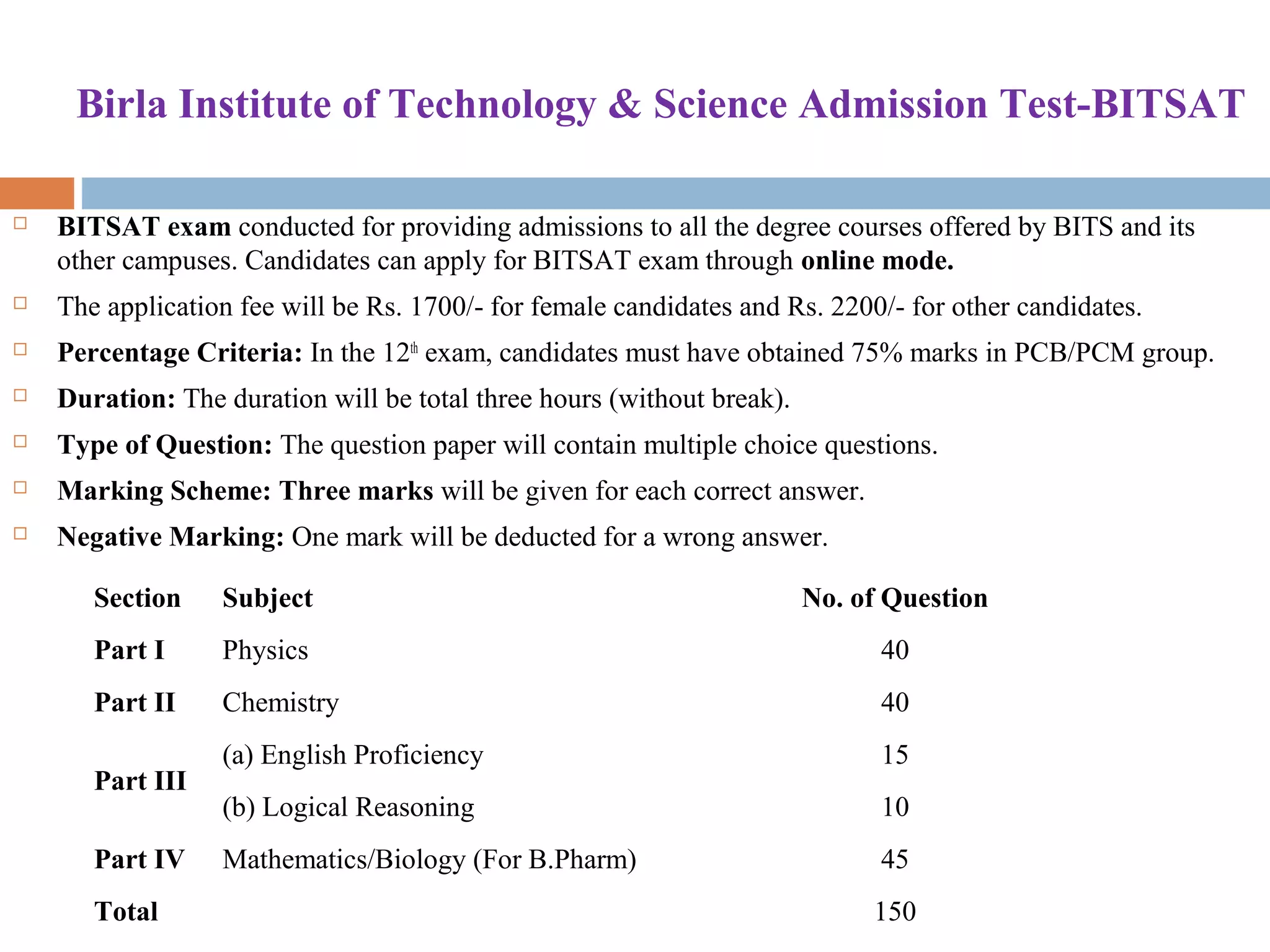Birla Institute of Technology & Science Admission Test-BITSAT
 BITSAT exam conducted for providing admissions to all the degree courses offered by BITS and its 
other campuses. Candidates can apply for BITSAT exam through online mode.
 The application fee will be Rs. 1700/- for female candidates and Rs. 2200/- for other candidates.
 Percentage Criteria: In the 12th
 exam, candidates must have obtained 75% marks in PCB/PCM group.
 Duration: The duration will be total three hours (without break).
 Type of Question: The question paper will contain multiple choice questions.
 Marking Scheme: Three marks will be given for each correct answer.
 Negative Marking: One mark will be deducted for a wrong answer.
Section Subject No. of Question
Part I Physics 40
Part II Chemistry 40
Part III
(a) English Proficiency 15
(b) Logical Reasoning 10
Part IV Mathematics/Biology (For B.Pharm) 45
Total 150
 
