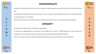 C
L
I
E
N
T
S
E
R
V
E
R
𝑪 𝑃𝑘
𝑪 𝑃𝑢𝑏 𝑺 𝑃𝑢𝑏
𝑺 𝑃𝑘
CONFIDENTIALITY
During the SSL handshake, the SSL client and SSL server agree on encryption algorithm and a shared secret key to be used for one session
only.
All messages transmitted between the SSL client and SSL server are encrypted using that algorithm and key, ensuring that the message
remains private even if it is intercepted
Because SSL uses asymmetric encryption when transporting the shared secret key, there is no key distribution problem with SSL
SSL provides data integrity check by calculating the message digest.
A message can be digitally signed by a message exit at the sending end of a channel. The digital signature can then be checked by a
message exit at the receiving end of a channel to detect whether the message has been deliberately modified.
Use of SSL or TLS does ensure data integrity, provided that the CipherSpec in your channel definition uses a hash algorithm.
INTEGRITY
 