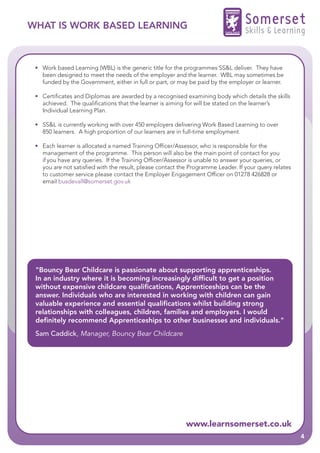 WHAT IS WORK BASED LEARNING                                                       Somerset
                                                                                  Skills & Learning


 • Work based Learning (WBL) is the generic title for the programmes SS&L deliver. They have
   been designed to meet the needs of the employer and the learner. WBL may sometimes be
   funded by the Government, either in full or part, or may be paid by the employer or learner.

 • Certificates and Diplomas are awarded by a recognised examining body which details the skills
   achieved. The qualifications that the learner is aiming for will be stated on the learner’s
   Individual Learning Plan.

 • SS&L is currently working with over 450 employers delivering Work Based Learning to over
   850 learners. A high proportion of our learners are in full-time employment.

 • Each learner is allocated a named Training Officer/Assessor, who is responsible for the
   management of the programme. This person will also be the main point of contact for you
   if you have any queries. If the Training Officer/Assessor is unable to answer your queries, or
   you are not satisfied with the result, please contact the Programme Leader. If your query relates
   to customer service please contact the Employer Engagement Officer on 01278 426828 or
   email busdevall@somerset.gov.uk




 "Bouncy Bear Childcare is passionate about supporting apprenticeships.
 In an industry where it is becoming increasingly difficult to get a position
 without expensive childcare qualifications, Apprenticeships can be the
 answer. Individuals who are interested in working with children can gain
 valuable experience and essential qualifications whilst building strong
 relationships with colleagues, children, families and employers. I would
 definitely recommend Apprenticeships to other businesses and individuals."
 Sam Caddick, Manager, Bouncy Bear Childcare




                                                           www.learnsomerset.co.uk
                                                                                                       4
 