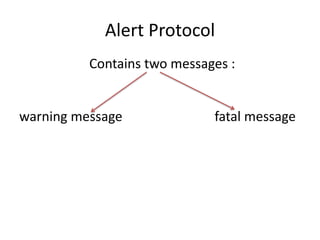 Alert Protocol
Contains two messages :
warning message fatal message
 