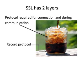 SSL has 2 layers
Protocol required for connection and during
communication
Record protocol
 