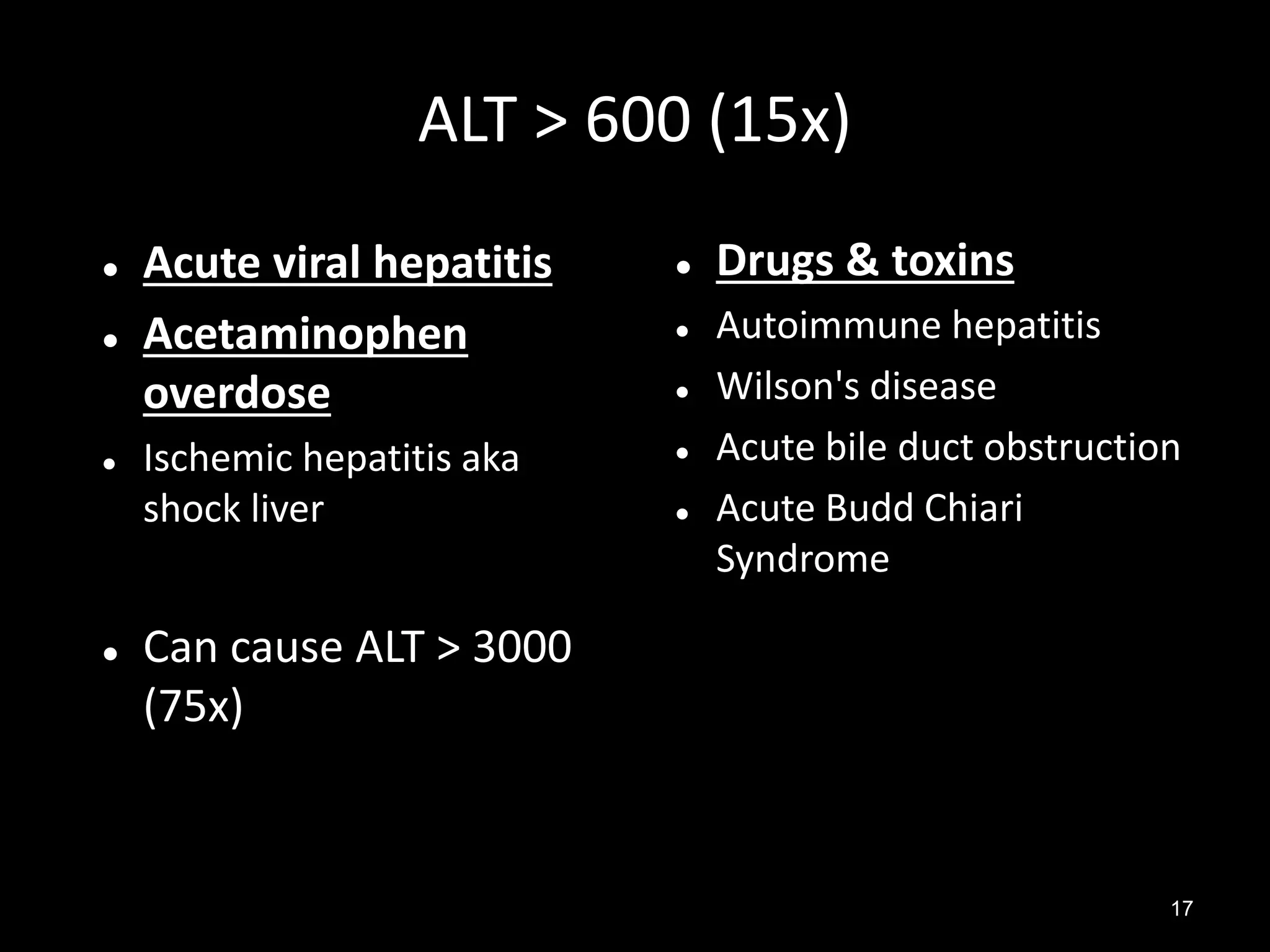 ALT > 600 (15x)







Acute viral hepatitis
Acetaminophen
overdose
Ischemic hepatitis aka
shock liver







Drugs & toxins
Autoimmune hepatitis
Wilson's disease
Acute bile duct obstruction
Acute Budd Chiari
Syndrome

Can cause ALT > 3000
(75x)

17

 