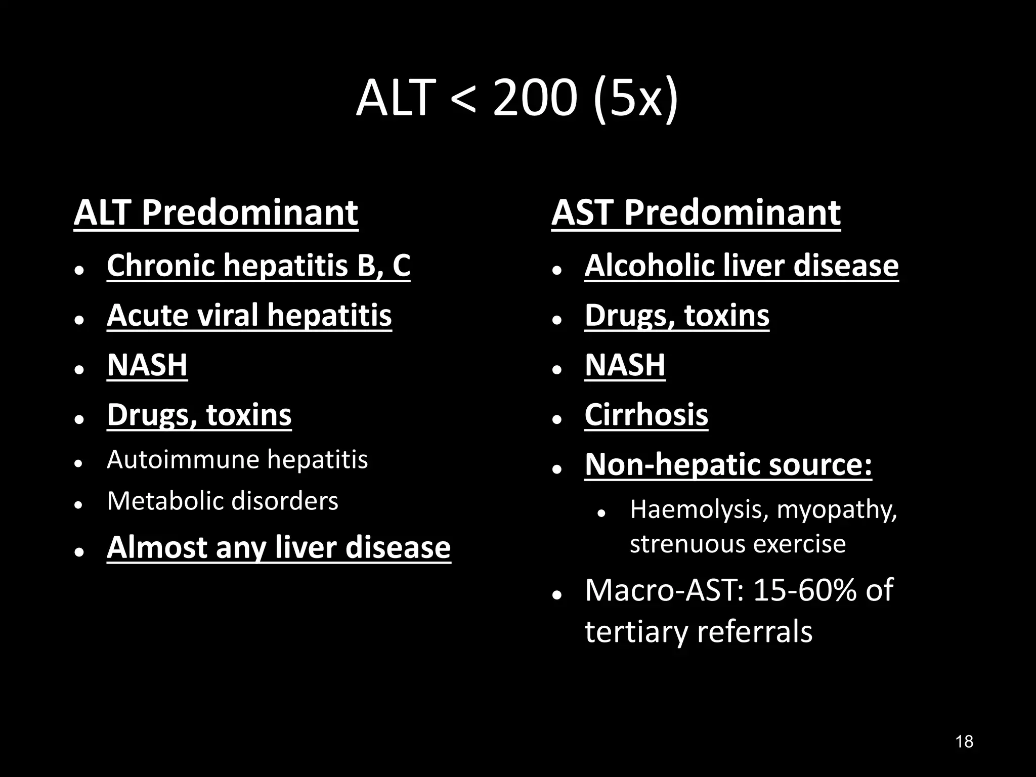 ALT < 200 (5x)
ALT Predominant





Chronic hepatitis B, C
Acute viral hepatitis
NASH
Drugs, toxins



Autoimmune hepatitis
Metabolic disorders



AST Predominant





Almost any liver disease





Alcoholic liver disease
Drugs, toxins
NASH
Cirrhosis
Non-hepatic source:




Haemolysis, myopathy,
strenuous exercise

Macro-AST: 15-60% of
tertiary referrals
18

 